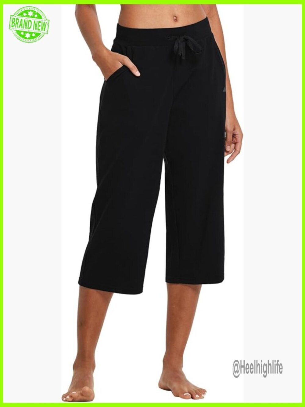 Wide Leg Capri Yoga Pants Cotton Blend High Rise Loose Fit Pockets